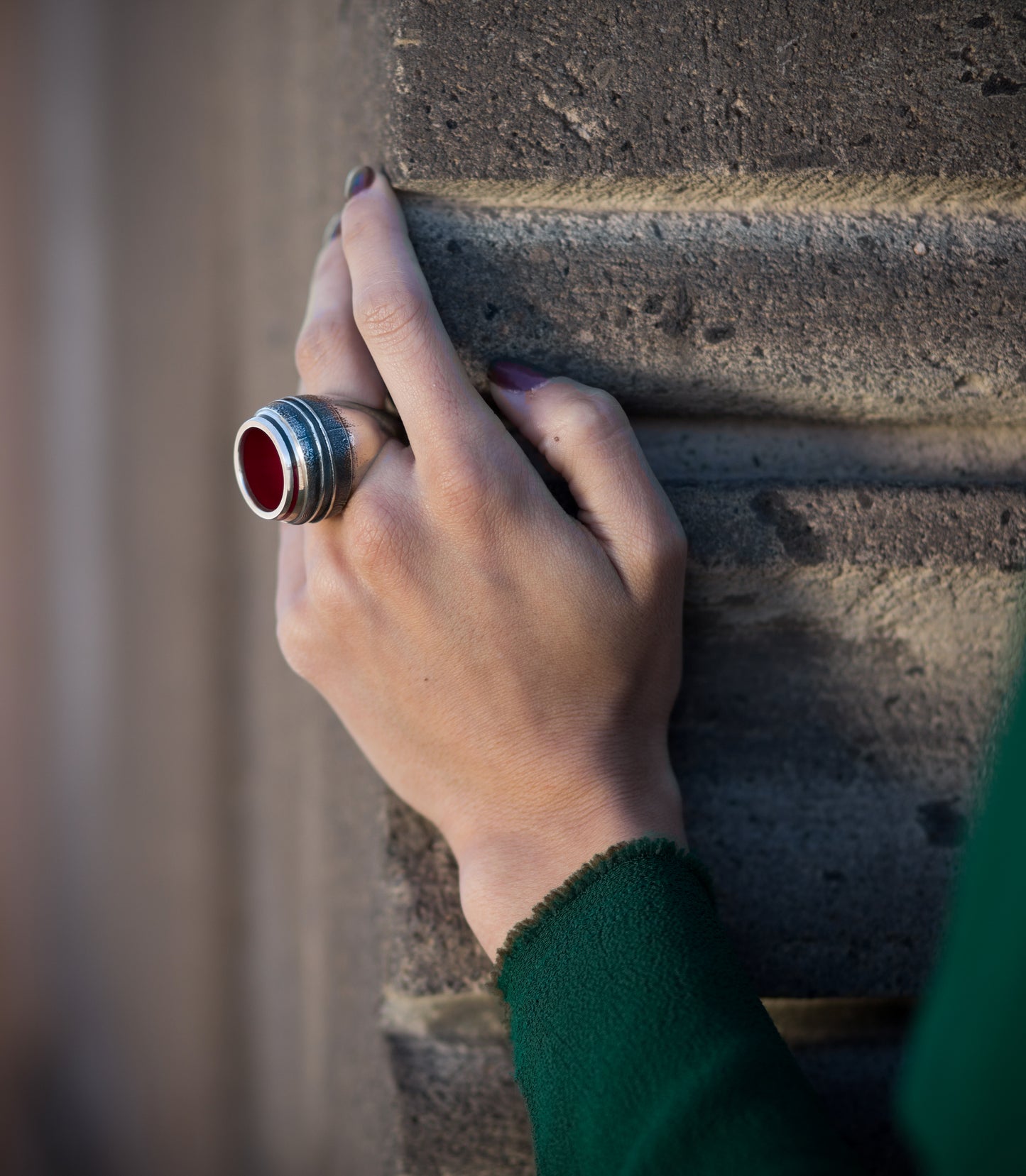 Red enamel Silver Ring