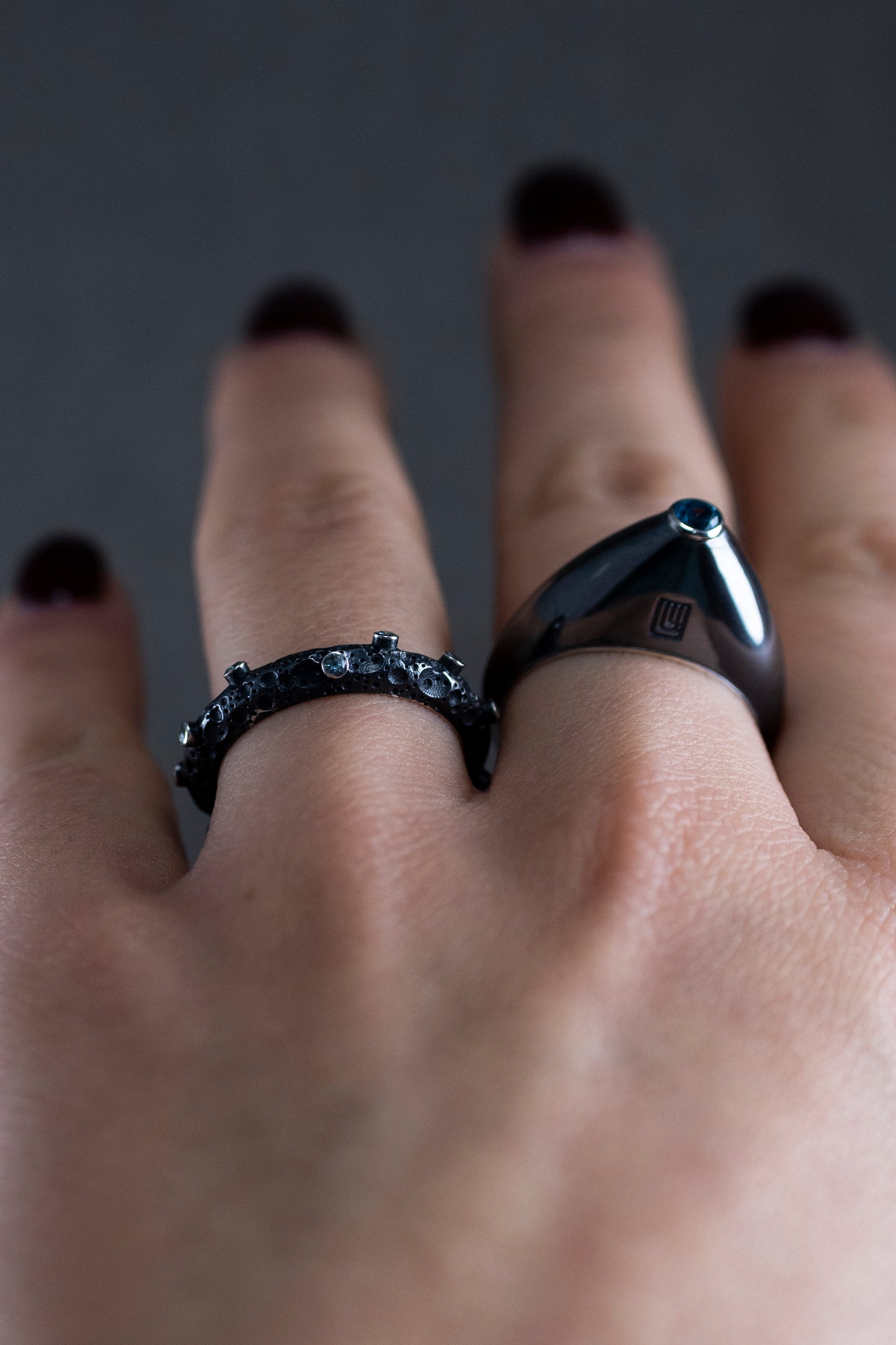 Moon Surface Textured Silver Ring with Blue Topaz