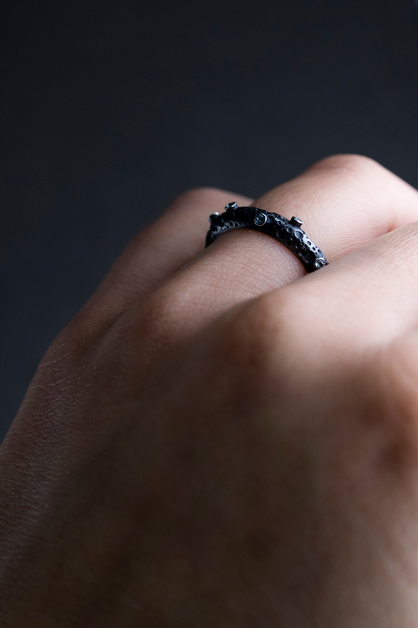 Moon Surface Textured Silver Ring with Blue Topaz