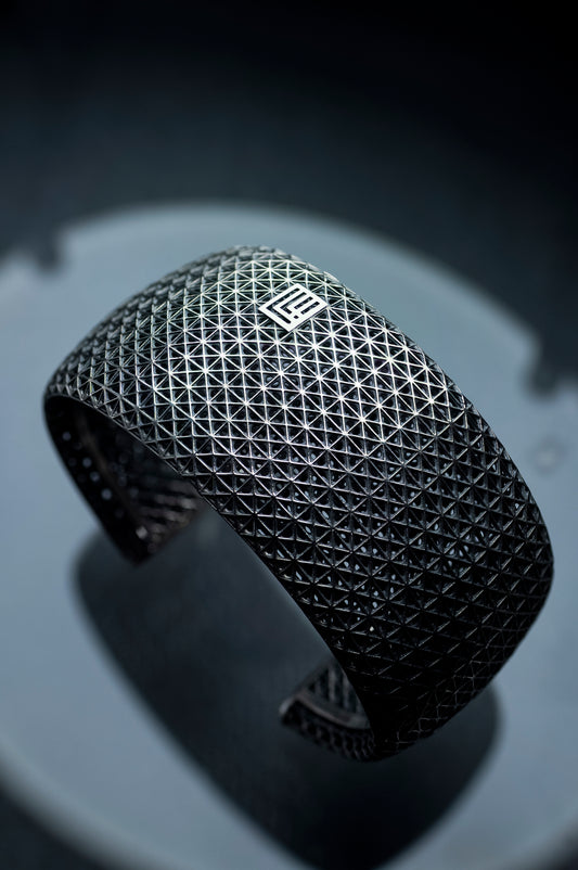 Bold Textured Sterling Silver Cuff Bracelet with Geometric Grid Design – Modern Statement Jewelry for Women, Parametric, Mash Design