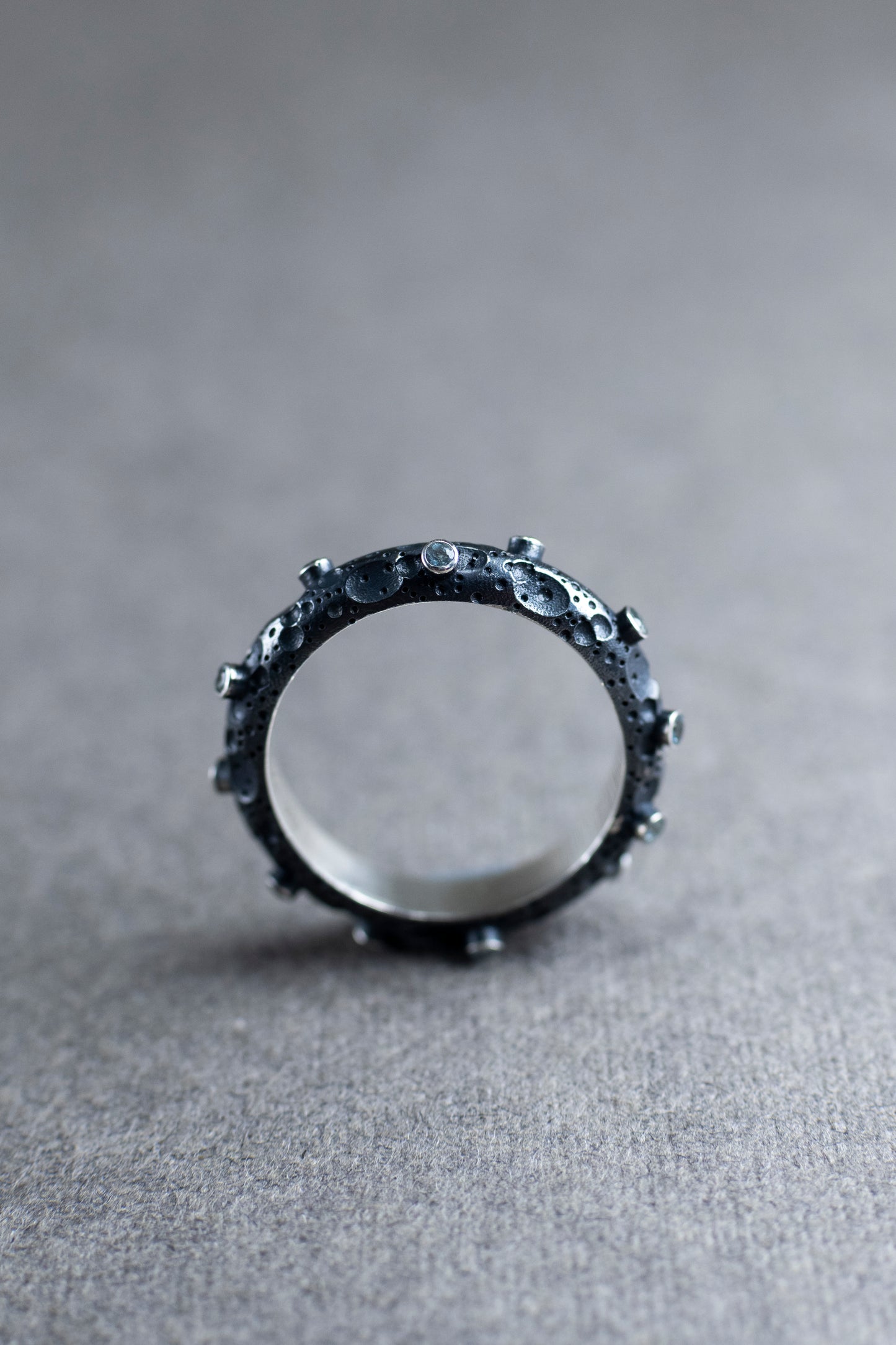 Silver ring "Moon", light blue topaz, Blackened silver